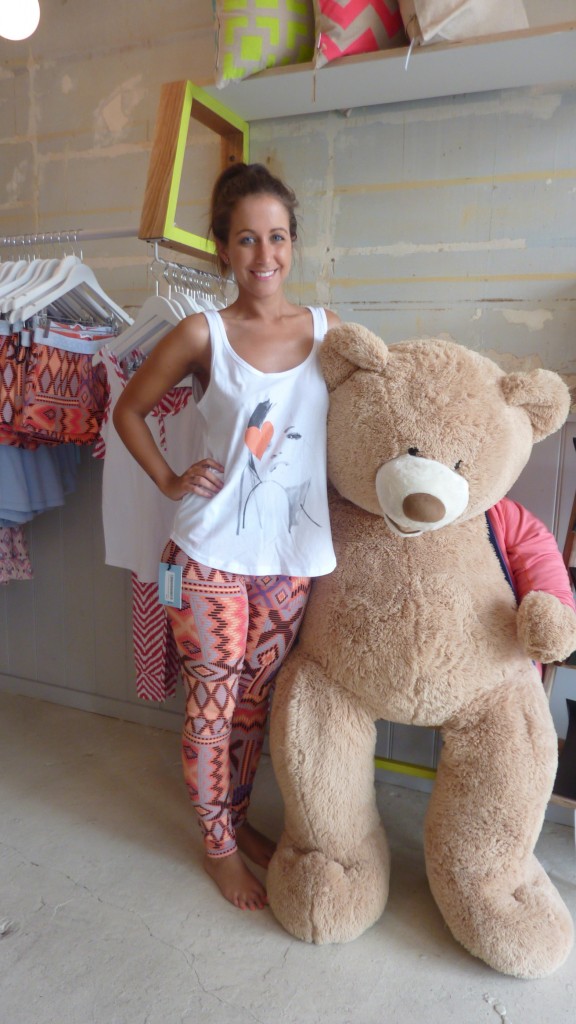 Laura with Sleep N Around mascot, Jeffrey the bear