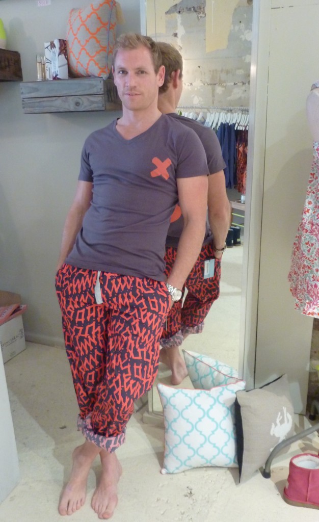 Michael modelling Red drawstring pants $55.00 and V-neck Tee-X $45.00