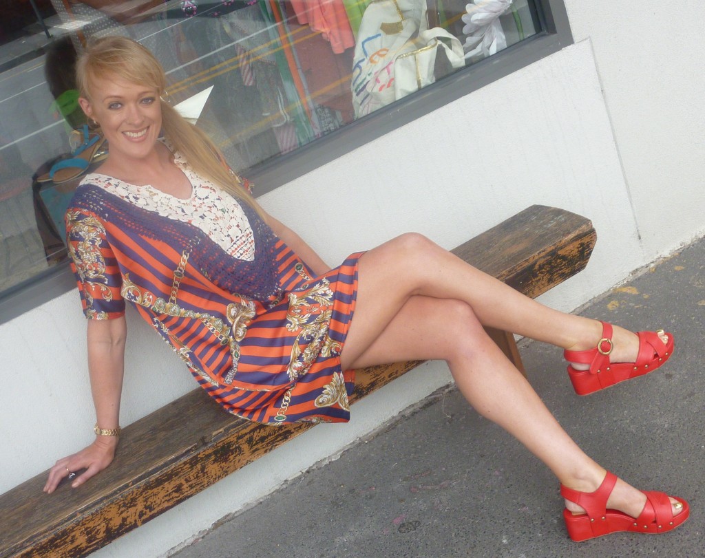 Sadie scarf print dress $79.95 with Belle and Bean sandals $99.95